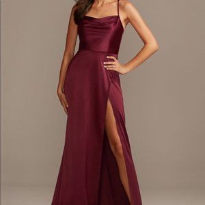 DB Studio Shiny Charmeuse Cowl Neck Slip Dress with Slit in Merlot